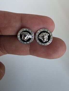 925 Sterling Silver Medusa Stud Earrings Greek Key Black Enamel